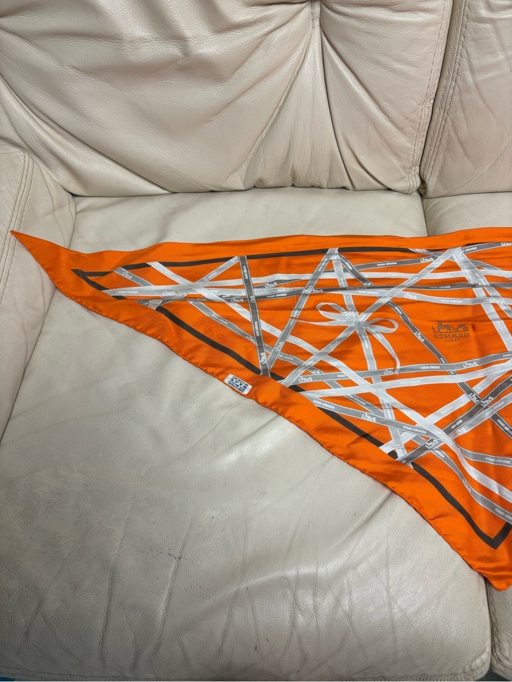 VTG HERMES Bolduc Triangle Silk Scarf Orange Brown White Gray Ribbon - Picture 10 of 15